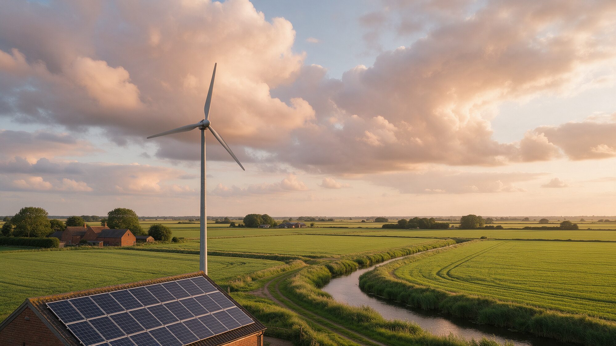 Wind turbine and rooftop solar panels across flat Fenland fields at sunset